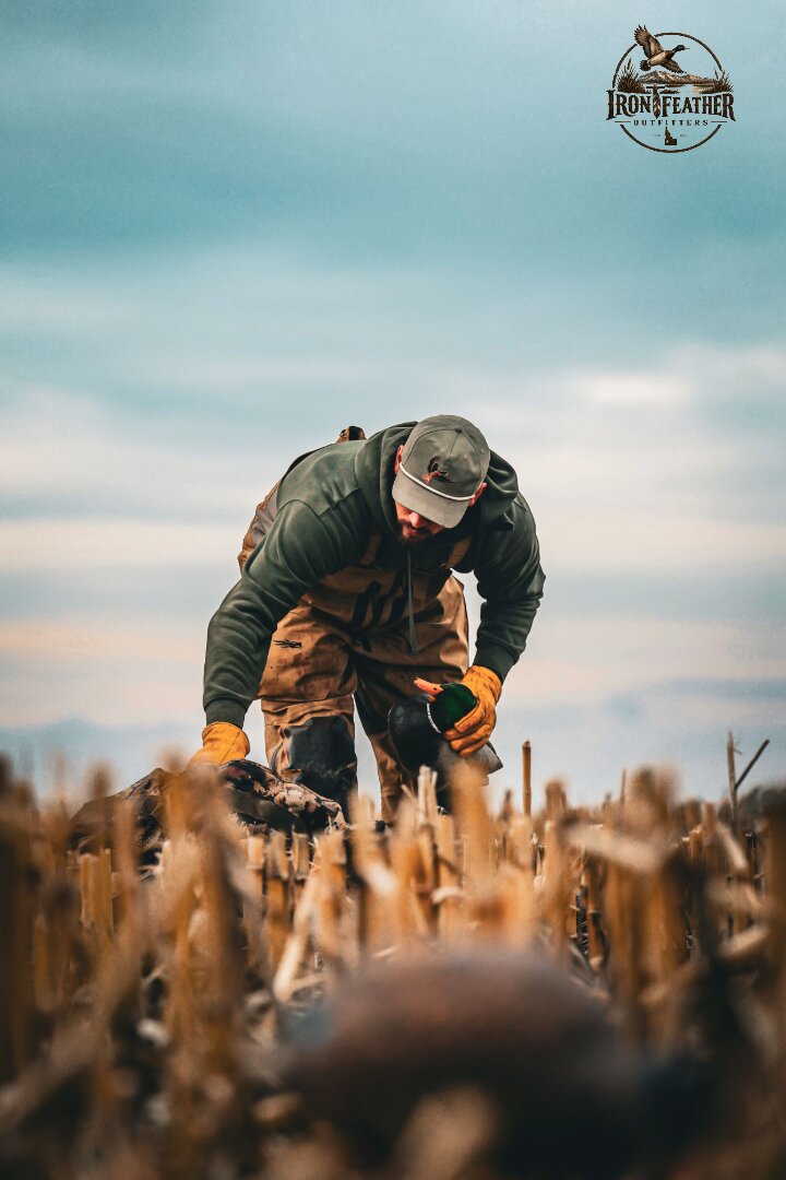 Hunter setting decoys under a deep blue dusk sky